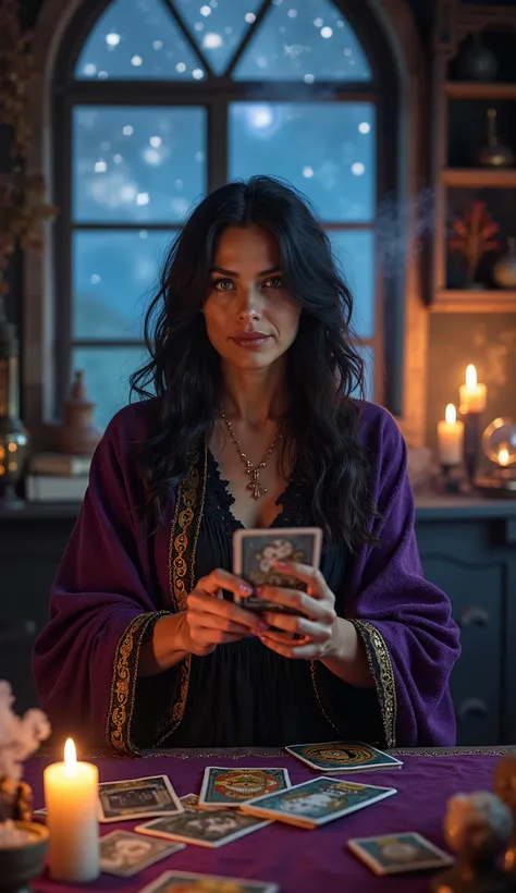  A mysterious and captivating fortune teller in a mystical setting .  The fortune teller is a woman of about 40 years old ,  with dark and wavy hair falling on her shoulders Bros , } wearing a deep purple and gold shawl over a dark flowing dress .  She has...