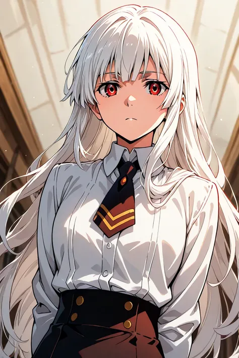 a girl with long white hair, red eyes, cool skin tone,wearing a uniform from the anime Bungo Stray Dog