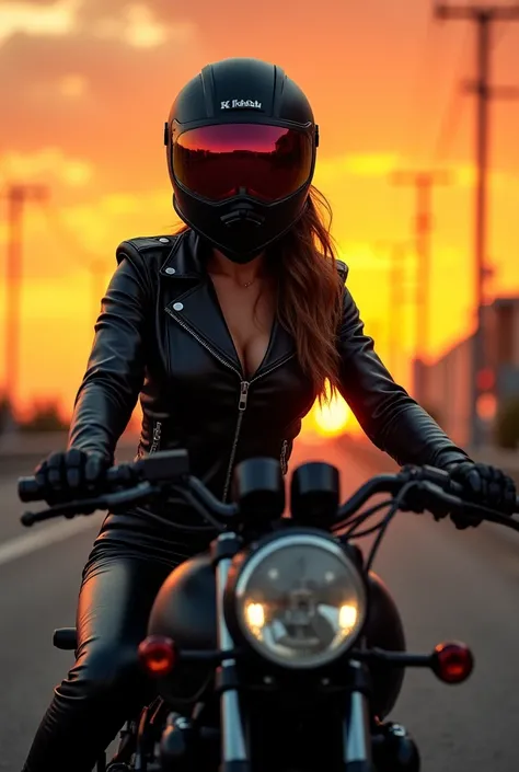 Body of a woman wearing a leather jacket helmet sitting on a Kawasaki z 750 at sunset 