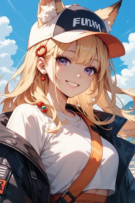 fox girl,blond hair,purple eyes, long hair, hair accessory,Smile,cap