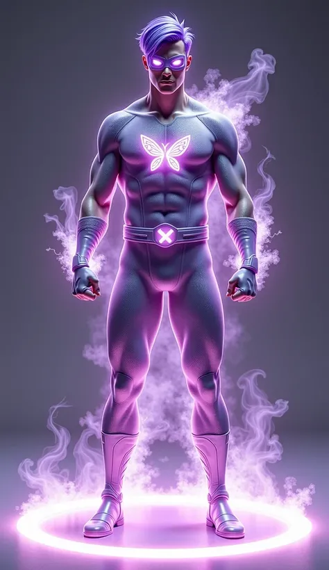 Full body photorealistic handsome hunky young slender futuristic male hero with purple hair wearing a lilac micro scale textured costume with gloves and belt and boots and stylized eye mask.with embossed " butterfly " symbol and wristbands that  manipulate...