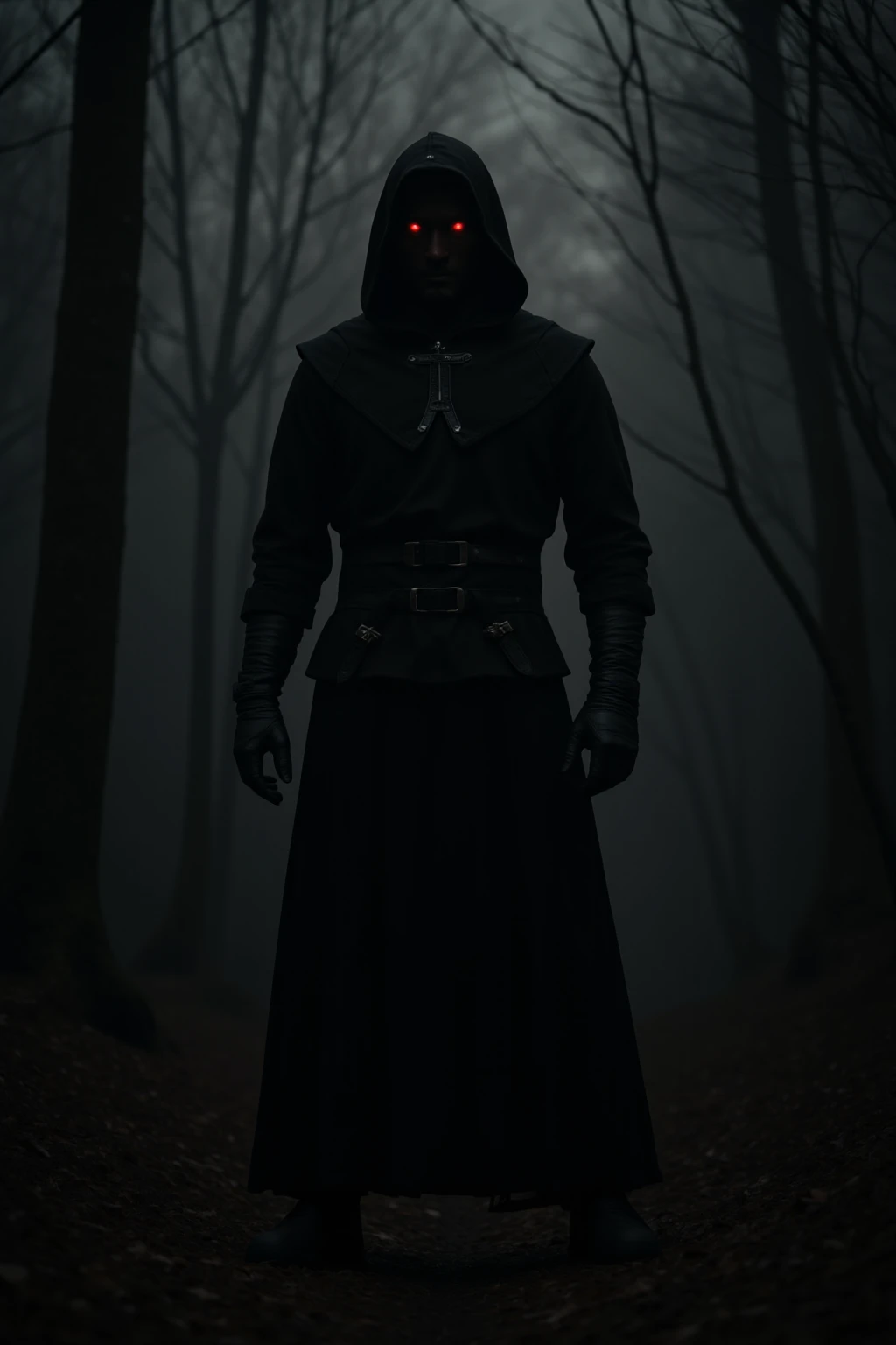 Veradron black medieval mage (Ultra Realistic UHD 16K : 1.99) (Full Body: 1.99) with a black hooded tunic, he has no face, bright red eyes in a dark forest.(homme ultra réaliste UHD 16k:1.99) ,(ultra realistic ultra high definition photography of 16k resol...