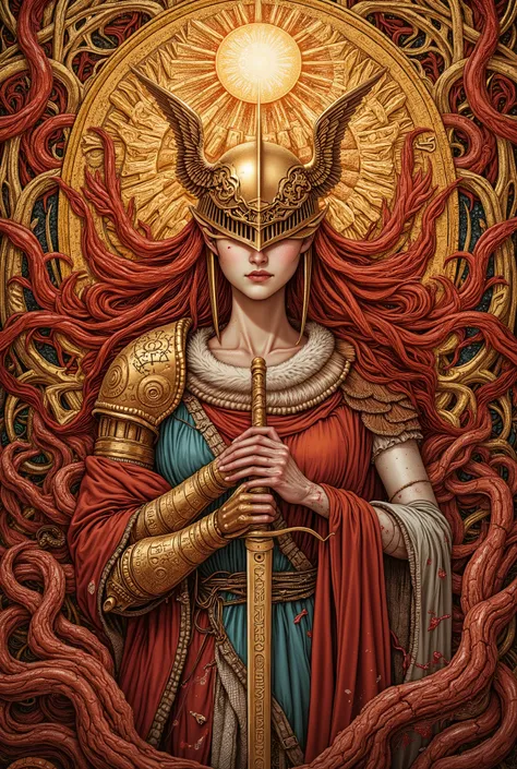 MaleniaNorm,1 girl,((beautiful goddess,motherly)),((praying,holding rune-etched katana:1.5)),body horror,biomachine,(bloody),shining sun, living being, (vivid color),(colorful),(tangled:1.2),(wearing robe:1.2), H.R Giger style,Gustav Klimt Style,
Granulat...
