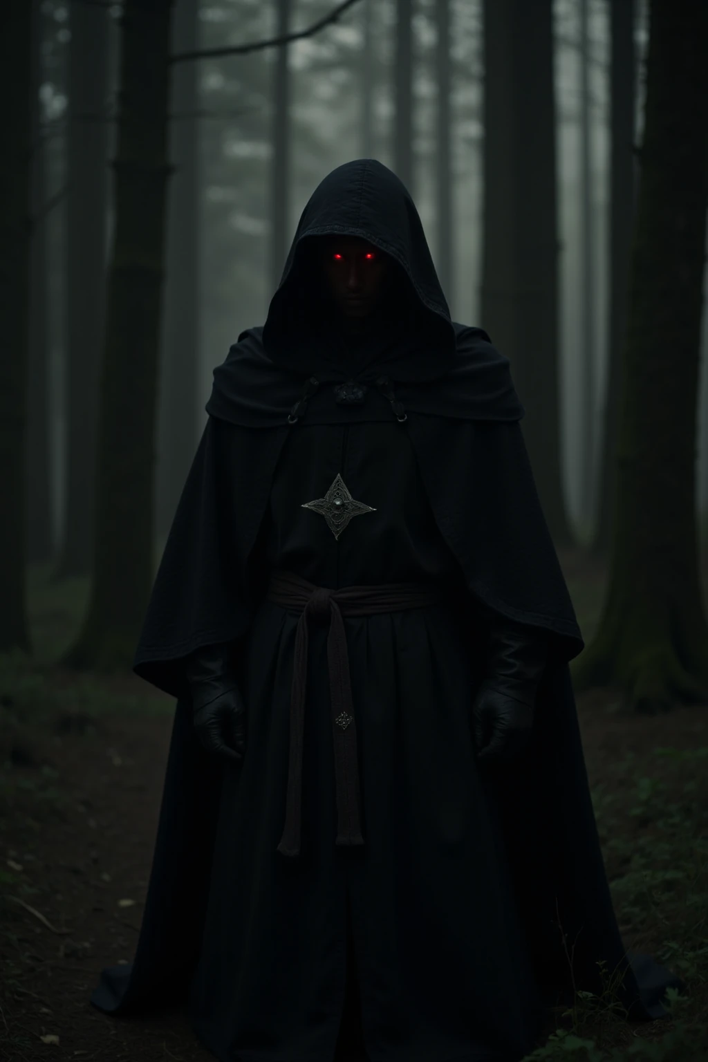 Veradron black medieval mage (Ultra Realistic UHD 16K : 1.99) (Full Body: 1.99) with a black hooded tunic, he has no face, bright red eyes in a dark forest.(homme ultra réaliste UHD 16k:1.99) ,(ultra realistic ultra high definition photography of 16k resol...