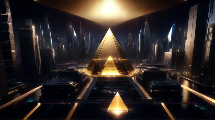  futuristic background with golden glass pyramid ，Laser beam， leading to a surreal city with tall skyscrapers.  background high resolution 4k ，16 :9. golden pyramid ,  masterpiece,  anatomically accurate ,  super detailed,  high quality ,   Best Quality , ...