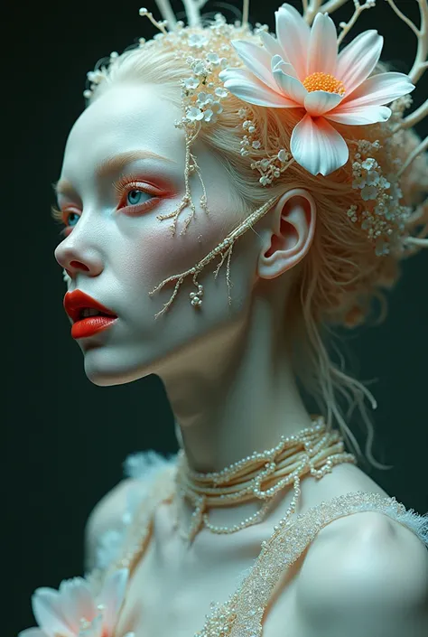 

A Beautiful Real Looking Woman with stretched plastic skin, her opalescent face split with fractures, vines twisting through the cracks. Exaggerated red lips, crystalline spikes, and botanical filigree merge the organic with the artificial—eerily beautif...