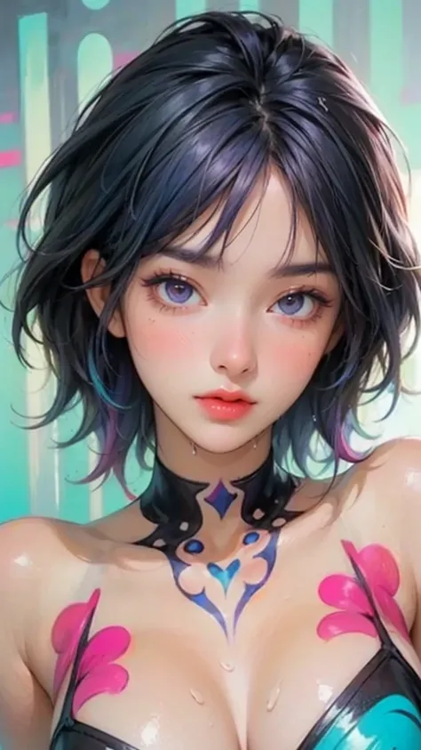  cute cartoon girl,((( 1 girl))),((extremely  cute cartoon girl with liquid paint hair)), highly revealing costume 、 portrait、 fashion model posing with arms crossed、
(((liquid paint hair:1.1,neon Purple hair| Neon Pink Hair | Blue Neon Hair |Neon Aqua Hai...