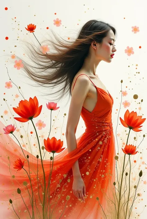 An abstract watercolor painting featuring a hyper-realistic woman immersed in a field of floating poppies wash over her like ripples of  water, her form captured mid-motion capturing a moment of exsquisit beauty . A delicate trail of translucent orange-pin...