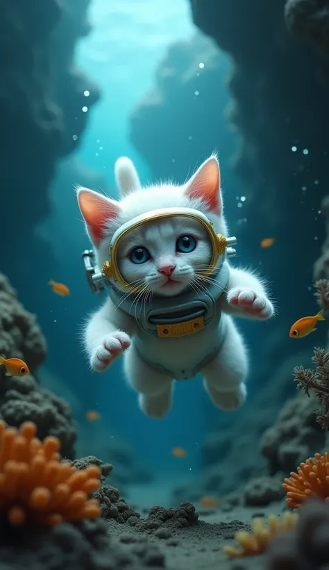 "A white kitten is diving deeper into the ocean, wearing a diving suit. It’s equipped with a sleek diving suit, snorkel mask, and fins. The deep water is dark, with rocky coral formations and small fish swimming around. The kitten is bravely moving deeper,...