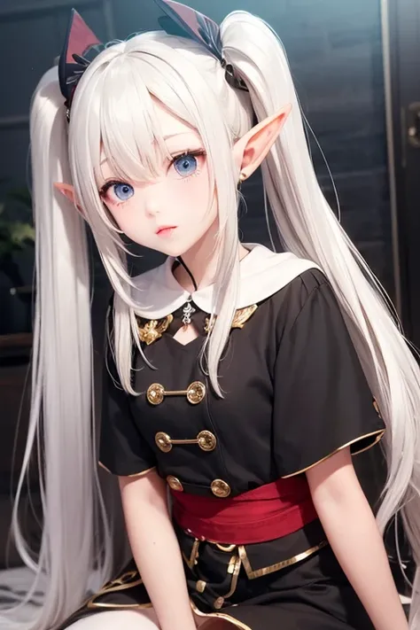 Elf , White long hair,  twin tails