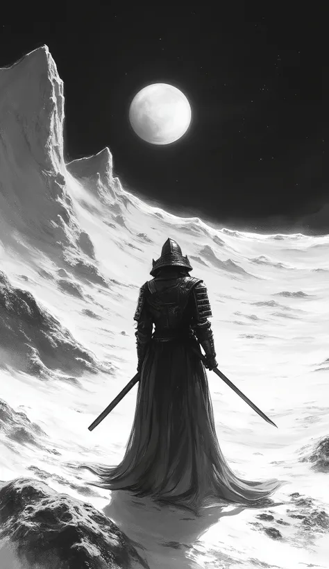 Ink painting、 monochrome、Distant view of the back of a samurai 、 Back view of a samurai holding a sword、(Lunar Surface)、crater、I can see the Earth on the horizon