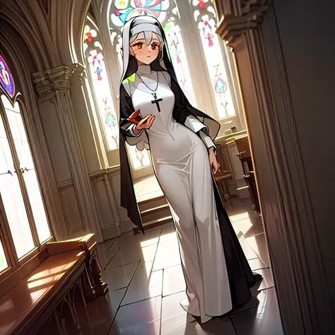 ((Gothic church +,The dress of a nun +:(The dress of a nun :1.2)+( wearing a platinum necklace :1.1)+( long curled curls :1.1):(Girls with white hair :1.1)),  Sexy character , slightly curved head ， The scene corridor sends light , cast scattered light and...