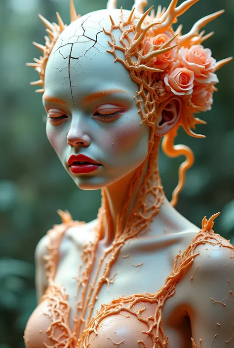 

A Beautiful Real Looking Woman with stretched plastic skin, her opalescent face split with fractures, vines twisting through the cracks. Exaggerated red lips, crystalline spikes, and botanical filigree merge the organic with the artificial—eerily beautif...