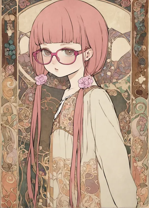 1 dolly girl, solo, tiny body, little fat, brown long hair, straight hair, straight bangs, pink glasses, play puzzle, pink hair ornament, female enjoy posing, Gustav Klimt: art-nouveau style, Egon Schiele: Expressionism style,