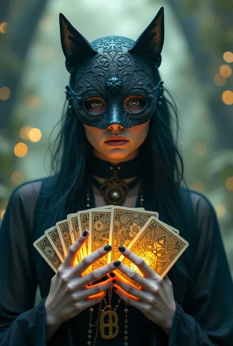 Tarot girl with tarot cards in her hands and a cat mask