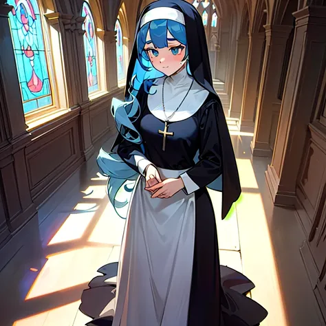 ((Gothic church +,The dress of a nun +:(The dress of a nun :1.2)+( wearing a platinum necklace :1.1)+( long curled curls :1.1):(Girls with blue hair:1.1)),  Sexy character , slightly curved head ， The scene corridor sends light , sheds scattered light and ...