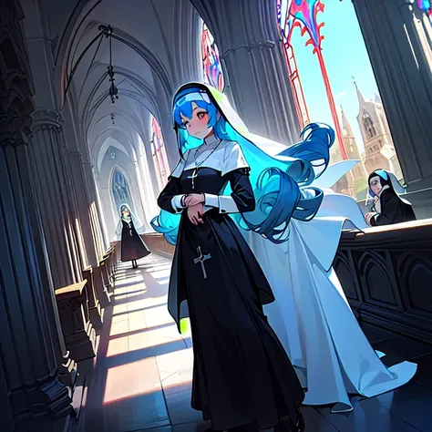 ((Gothic church +,The dress of a nun +:(The dress of a nun :1.2)+( wearing a platinum necklace :1.1)+( long curled curls :1.1):(Girls with blue hair:1.1)),  Sexy character , slightly curved head ， The scene corridor sends light , sheds scattered light and ...