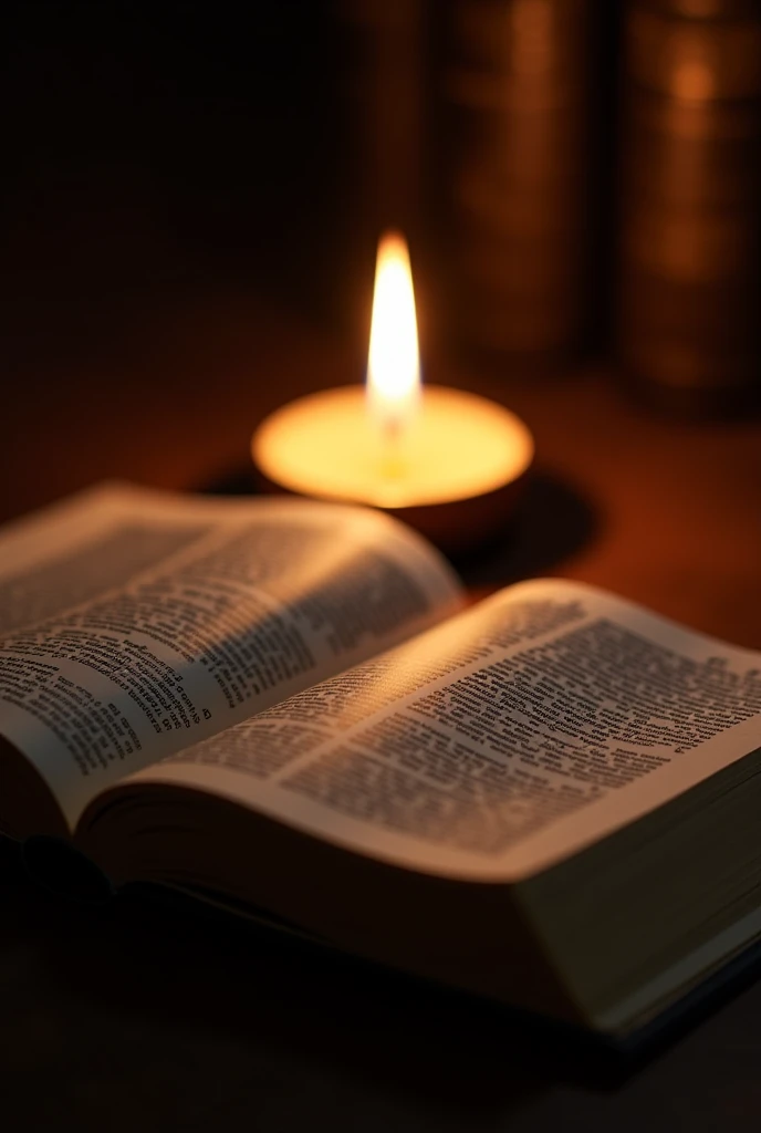 Opened Bible with written Hebrew text on table infront of candle with flame