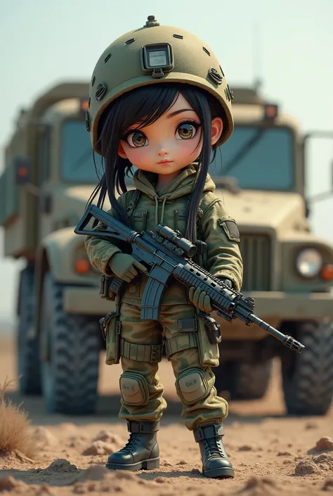 a digital image of a beautiful chibi-style lady WEARING camouflage  holding a riffle behind her  a military truck  in a pale black background