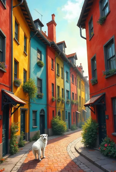 Oil and watercolor, loose, damp and wet. Painterly. Grunge. Whimsical. Enchanted. Fantastic. Tall, vibrant, skinny houses leaning precariously, tilted and twisted. A brick street. Soft sunlight, a white borzoi dog.