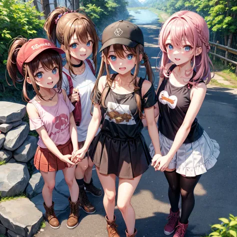  pink brown brown hair、  blue eyes、  Has hair tied  、Two cute people、  check mini skirt、  black t-shirt、 Light clothing、  tank top、  camisole、 high socks、 Boots、 teeth inside、  The Road Is Crooked 、Mountain々、Stick together  、 bamboo forest、 chest pocket  、...