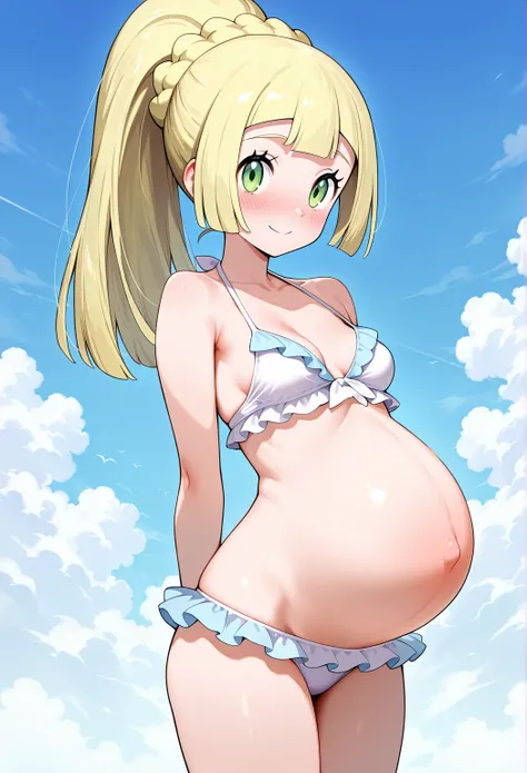 high resolution picture, masterpiece, best quality, amazing quality, official art, solo, 1girl,  lillie from pokemon, 1girl, aalillie, long hair, blonde hair, french braid, ponytail, green eyes, small breasts, curvy, petite ,                      curvy bod...