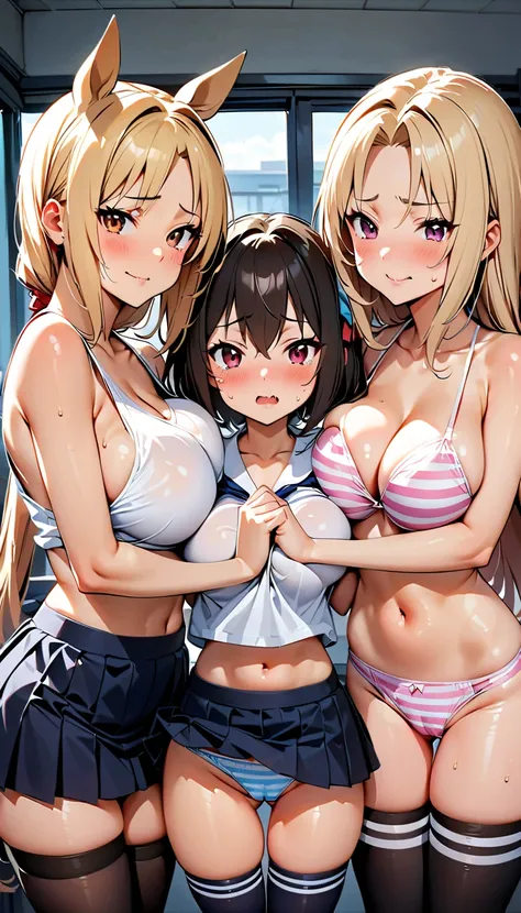 3girls_Symmetrical docking_breast press, (Super shiny skin, 12yo, Slender, (super shiny pink striped panties with deep borders, cameltoe, thigh gap)), BREAK, (Navy mini skirt lift by own hands), BREAK, school white shirt, (midriff, Slender waist, zettai ry...