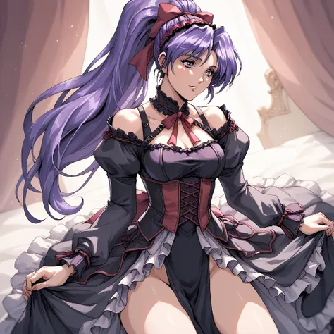  H1mur0ky0uk0ebe, purple hair, long hair, purple eyes,eyes, 1girl , adult woman, high position ponytail ,ribbon, medium breasts,Mature Woman, sexy, cowboy shot,1990s ( style),
gothic lolita,fine-grained cloth,frilled mini skirt,puffy sleeves,juliet sleeves...