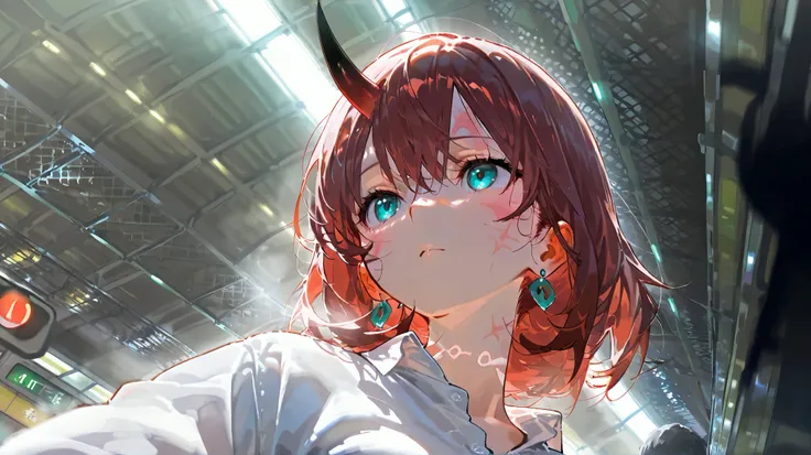 ( top quality),( masterpiece), ( Extremely Detailed 8K Wallpaper ), ultra high resolution, Fuck Dick Her ,  Details light ,  best shadow,  dynamic angle,  from below, train station, train, Traffic lights,  1 boy, Leonardo shit,  red hair,   Aqua Eyes,  ear...