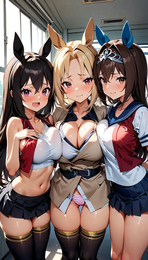 3girls_Symmetrical docking_breast press, Super shiny skin, 12yo, Slender, super shiny pink striped panties with deep borders, cameltoe, thigh gap, BREAK, Navy mini skirt lift by own hands), BREAK, school white shirt, (midriff, Slender waist, zettai ryouiki...