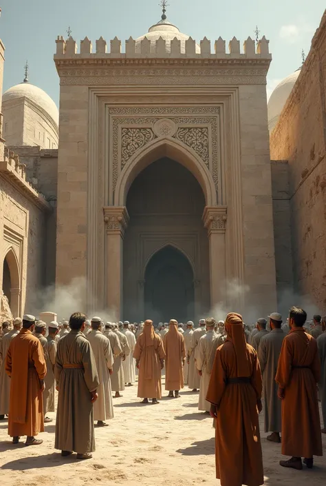 A picture of very ancient Arab times and people standing in front of an ancient mosque preparing to pray