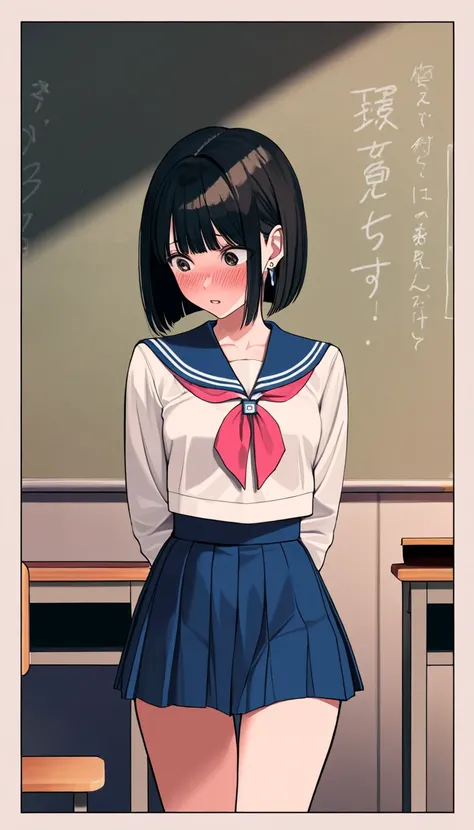 ( beautiful girl : 1.3), 1 girl,( sailor suit, Long Sleeve, skirt by humili, earrings), black hair, bob cut from behind,panic, is bashful,blush,Give me a box of hearts,Empty classroom,masterpiece, top quality, ultra high resolution, rich contrast, high ima...