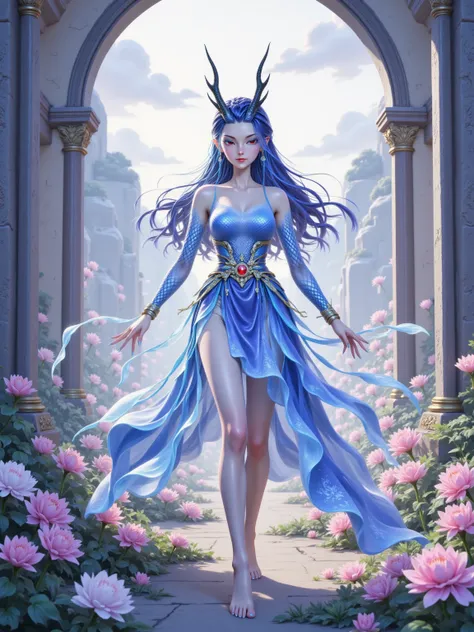  in the midst of a gorgeous sea of flowers ，A gentle breeze， 1girl , alone, Barefoot among the flowers。 Her eyes are as bright as a star ， Her white ankles loom in the skirt 。 Her skin is as warm as lanolin when the sun shines 。, the blue Dan Feng's eyes l...