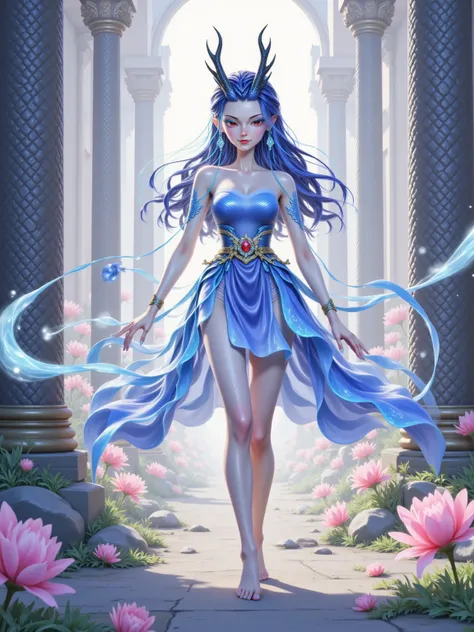  in the midst of a gorgeous sea of flowers ，A gentle breeze， 1girl , alone, Barefoot among the flowers。 Her eyes are as bright as a star ， Her white ankles loom in the skirt 。 Her skin is as warm as lanolin when the sun shines 。, the blue Dan Feng's eyes l...