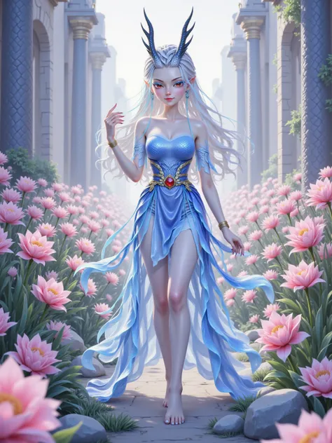  in the midst of a gorgeous sea of flowers ，A gentle breeze， 1girl , alone, Barefoot among the flowers。 Her eyes are as bright as a star ， Her white ankles loom in the skirt 。 Her skin is as warm as lanolin when the sun shines 。, the blue Dan Feng's eyes l...