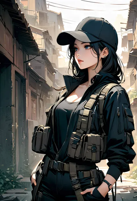 A stunning anime-style illustration of a beautiful woman with long black hair and striking blue eyes, wearing a sleek black tactical outfit. She wears a fitted tactical jumpsuit with a utility belt and multiple pouches, giving her a professional and stylis...