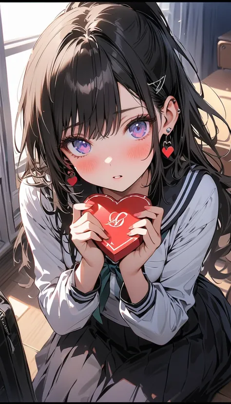 ( beautiful girl : 1.3), 1 girl,(checkered sailor suit , Long Sleeve, skirt by humili, earrings), black hair, ponytail,panic, is bashful,blush,,Hold out a box of hearts,evening,Empty classroom,masterpiece, top quality, ultra high resolution, rich contrast,...