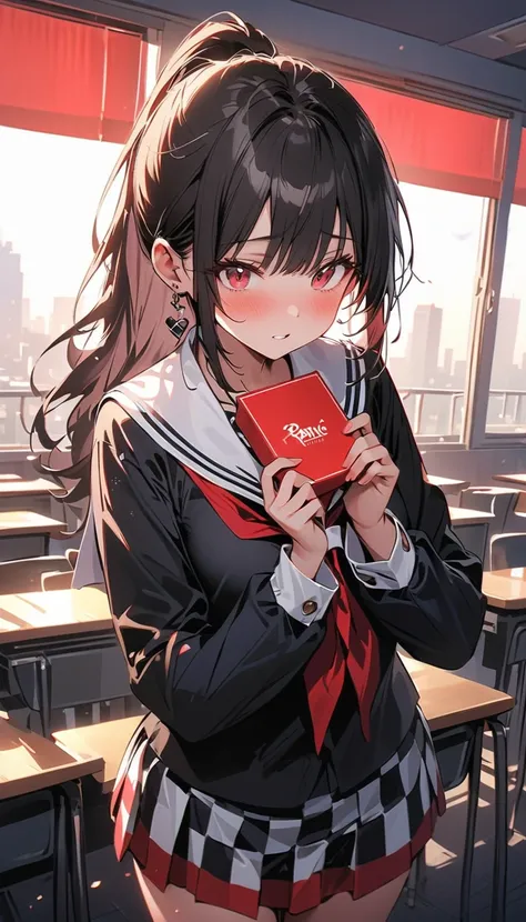 ( beautiful girl : 1.3), 1 girl,(checkered sailor suit , Long Sleeve, skirt by humili, earrings), black hair, ponytail,panic, is bashful,blush,,Hold out a box of hearts,evening,Empty classroom,masterpiece, top quality, ultra high resolution, rich contrast,...