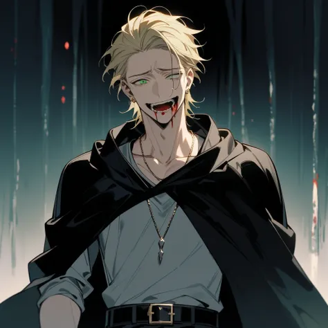 One person, Half body, one adult man, handsome, cry, smile, blood flowing in the mouth and face, wearing a grey shirt with black cloak, black long pants and belt, two block haircut, sixpack, silver necklace, yellow hair, green eyes, gold earing, dark night...