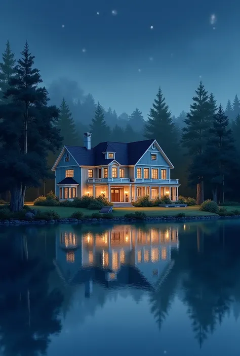 Watercolour of a magnificient house by a lake at night time with lights shining in the windows and reflected in the water on the lake