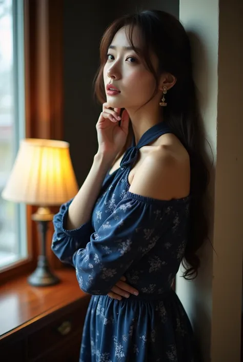  camera with chin supported, beautiful Japanese girl , Age 30,  train on the platform of a high school girl , big breast,  long dark brown hair   , I'm wearing a dark blue halter dress with an abstract batik motif, standing leaning against a wall near a wi...