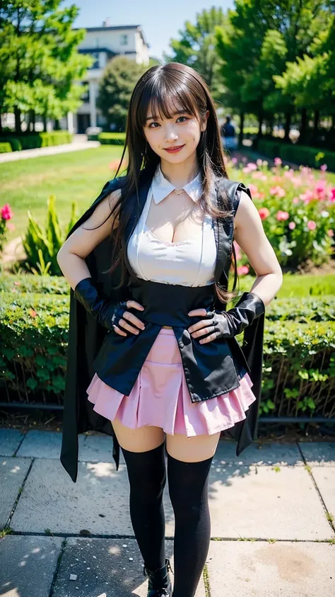 (8k、 RAW Photo、 top quality、 Masterpiece:1.2)、( by Nomi、 by Nomi)、1 person、(( black& white 、pink sleeveless、 big cleavage、Cape、tights、 gloves、 garter ring、  black miniskirt 、 medium hair、smile、garden、 Bbo~、whole body、 Read more、 standing with hands on hips...