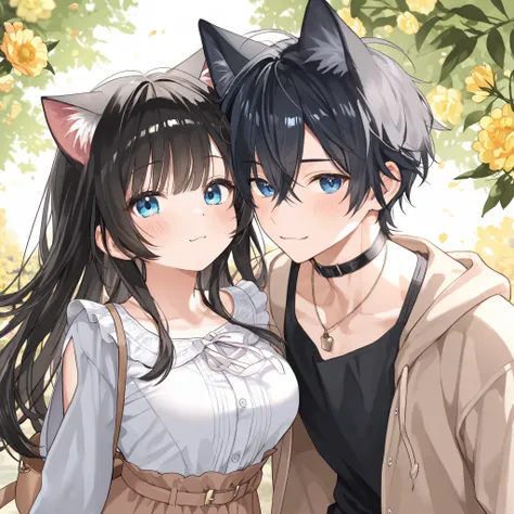  male and female couples、 together、 cuddle from behind、Cat ears、 black hair、Blue Eyes、 cute、Spring scenery 、 casual clothes、adult、 high image quality