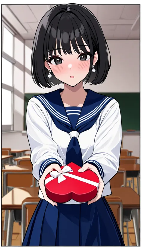 ( beautiful girl : 1.3), 1 girl,( sailor suit, Long Sleeve, skirt by humili, earrings), black hair, bob cut from behind,panic, is bashful,blush,Hold out a heart-shaped box,Empty classroom,masterpiece, top quality, ultra high resolution, rich contrast, high...