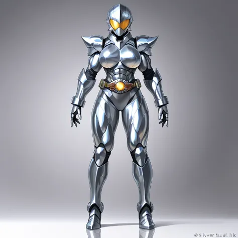 Top quality, full body, standing, from front,looking at viewer, simple background. no human features,A silver liquid metal-like female humanoid monster,large breasts, muscular,non-human features,no human face,fully liquid metal,liquid metal armor, a rider ...