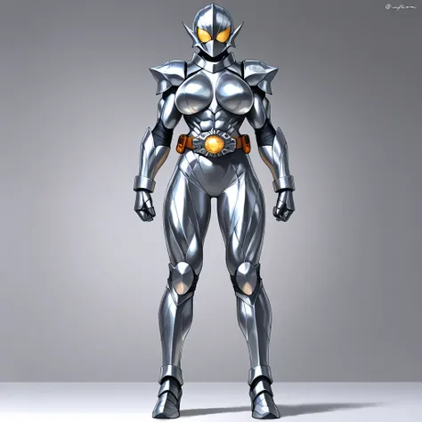 Top quality, full body, standing, from front,looking at viewer, simple background. no human features,A silver liquid metal-like female humanoid monster,large breasts, muscular,non-human features,no human face,fully liquid metal,liquid metal armor, a rider ...