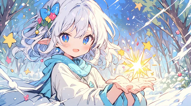 High Resolution, Masterpiece, Best Quality, cute fairy girl, snow forest, silver hair, blue eyes, magic, stars, sparkles, accessories 