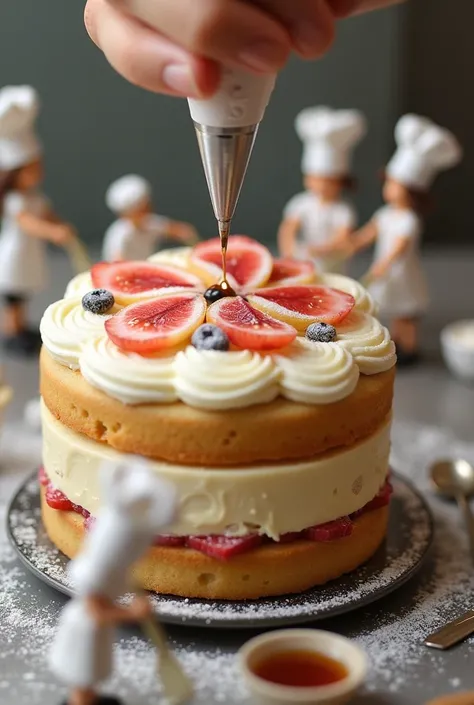 A group of tiny pastry chefs meticulously preparing a delicate multi-layered cake. One chef is using a miniature piping bag to elegantly decorate the cake with intricate swirls of buttercream, while others carefully place thin slices of fruit and dust the ...