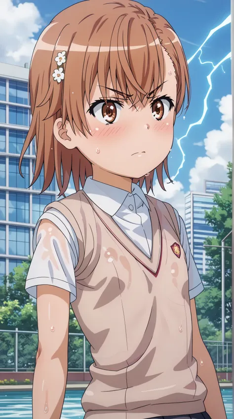 (UHD, retina, masterpiece, accurate, anatomically correct, super detail, high details,     highres, 1080P, 16k:1.3)、 (misaka mikoto:1.3)、 short hair, brown hair、(very flat chest:1.5)、(shiny skin、oily body、a lot of sweat、very wet skin、body blush、wet:1.3)、(t...