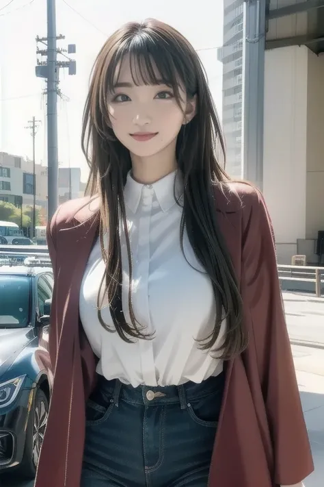 Portrait of a beautiful female model by Nathap., Georgia Fowler,     beautiful face ,     long green hair  , Cyberpunk City Afternoon. She is wearing a red long coat.,     jeans negros    ,     dramatic lights , (Police Badge:1.2)